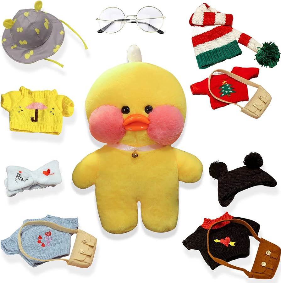 Lalafanfan - Paper Duck knuffel - 30 cm Groot - Shirt/Hoofdband/Tas/Bril/Ketting
