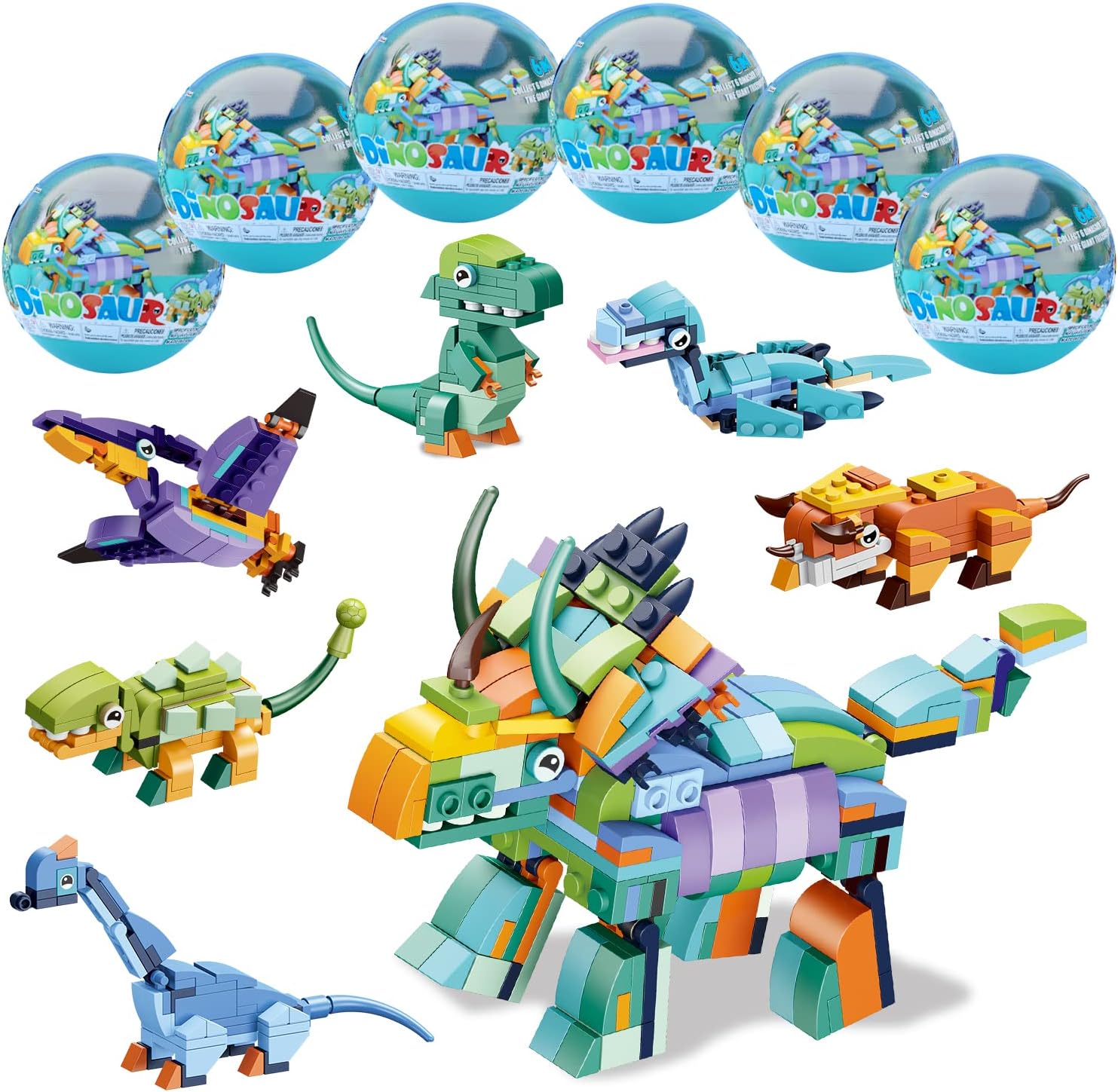 Bricks Bouwstenen Dinosaurus serie 1 Dinosaur 6in1 Display - totaal 6 ballen mystery gevuld 2in1