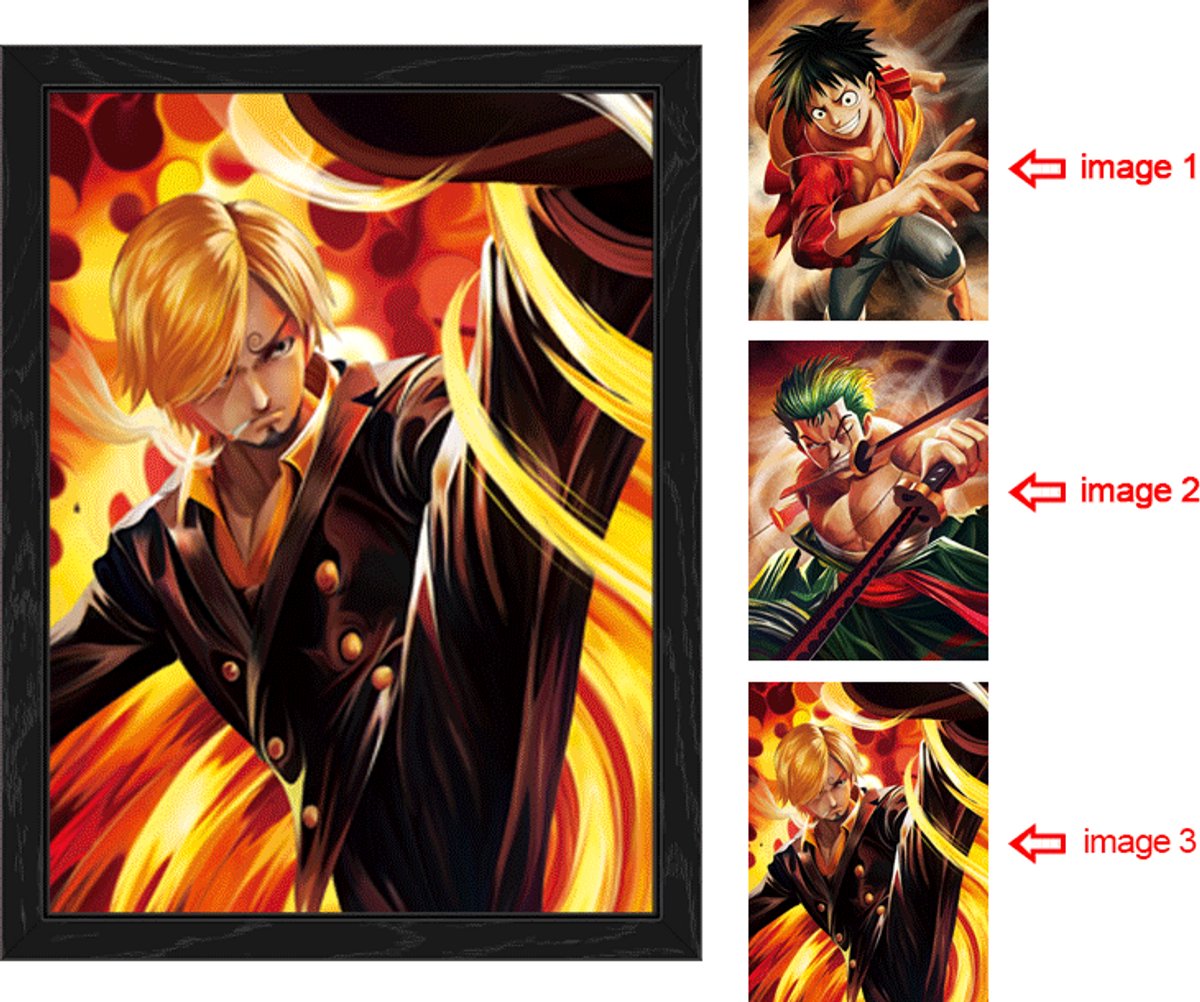 One Piece Poster met Lijst - Flip Hologram 40 x 32 cm - Zorro Luffy Sanji - inclusief zwart Frame - 3D frame - Zoro, Luffy & Sanji | Inclusief Zwart Frame | Unieke Beeldwisselende Poster