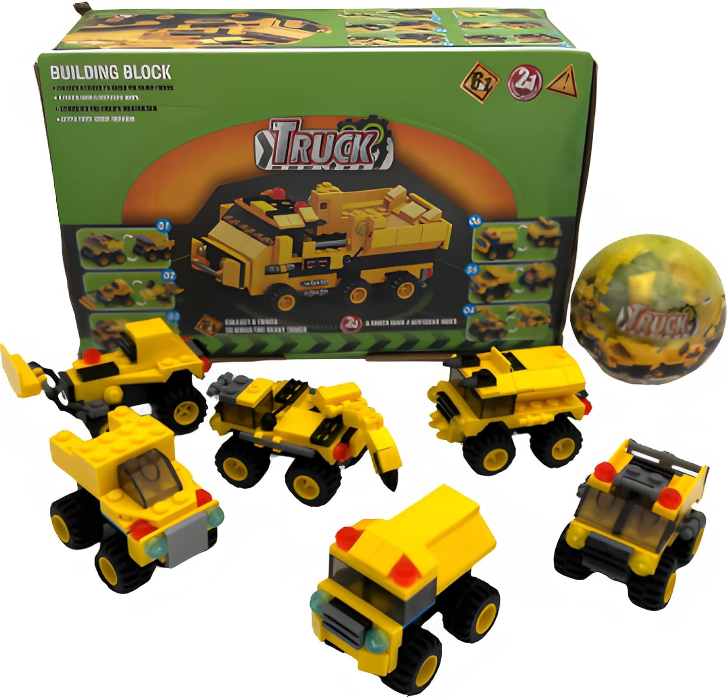 Bricks Trucks voertuigen Bouw 6in1 Display - totaal 6 ballen mystery gevuld 2in1