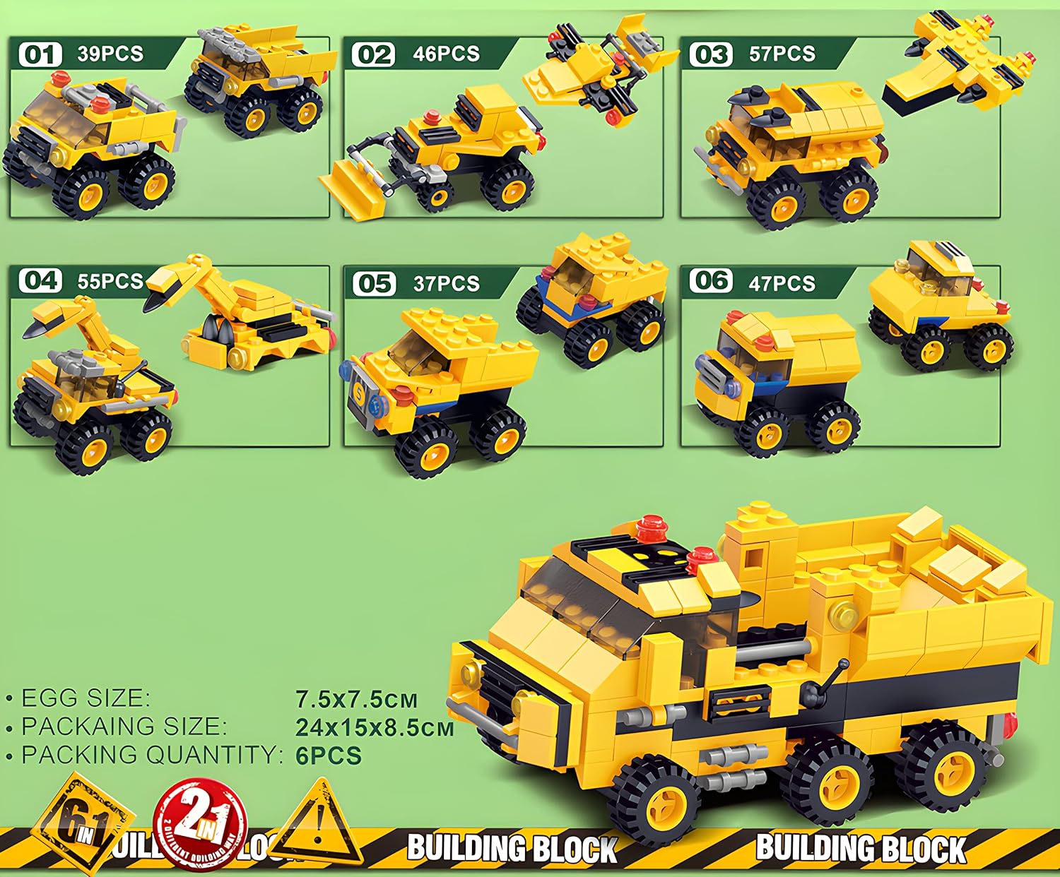 Bricks Trucks voertuigen Bouw 6in1 Display - totaal 6 ballen mystery gevuld 2in1