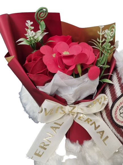 Beer met boeket rozen bloemen in Gift box - White Edition 25 cm