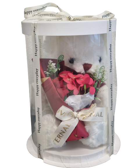 Beer met boeket rozen bloemen in Gift box - White Edition 25 cm