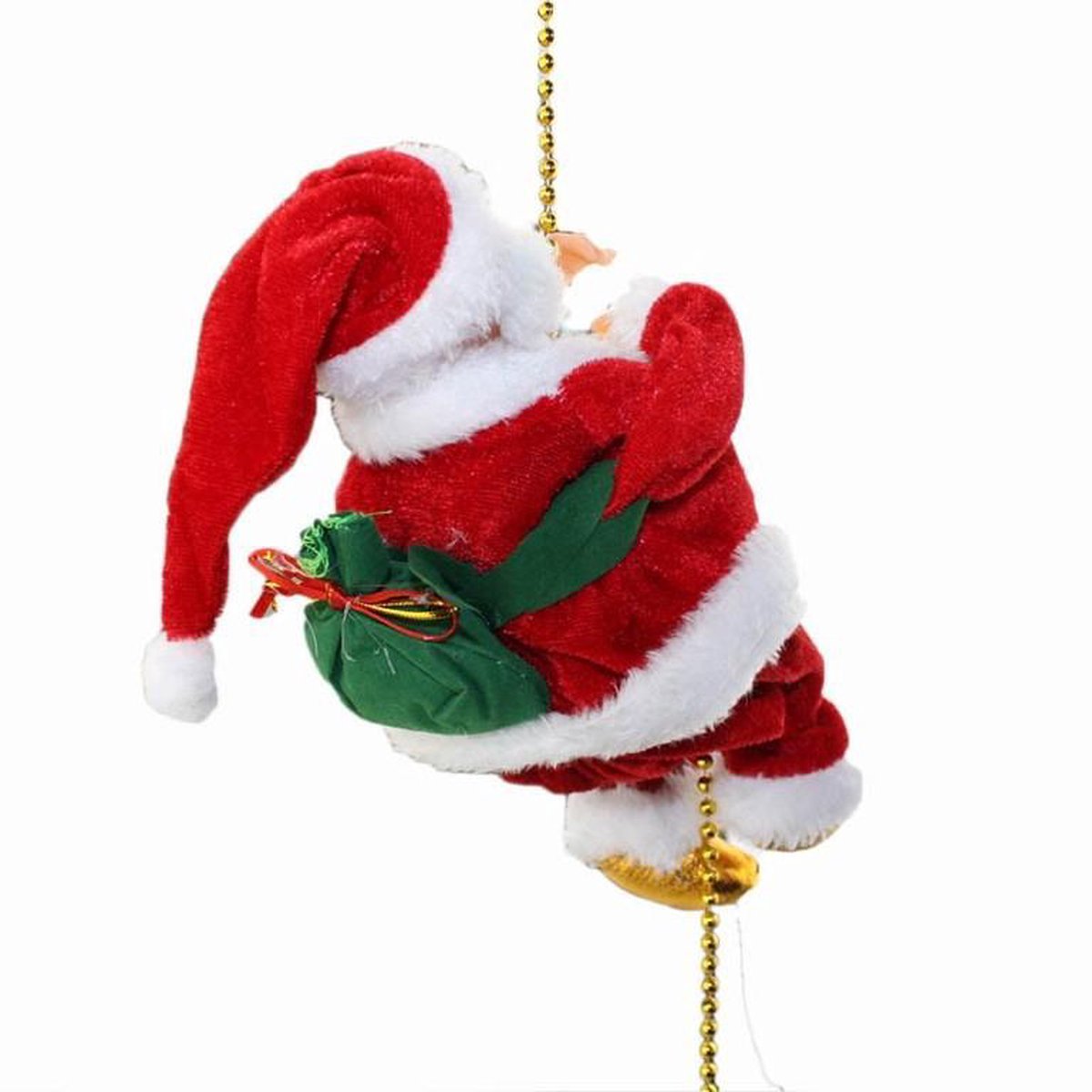 Kerstman zingend en klimmend hangend via Ketting