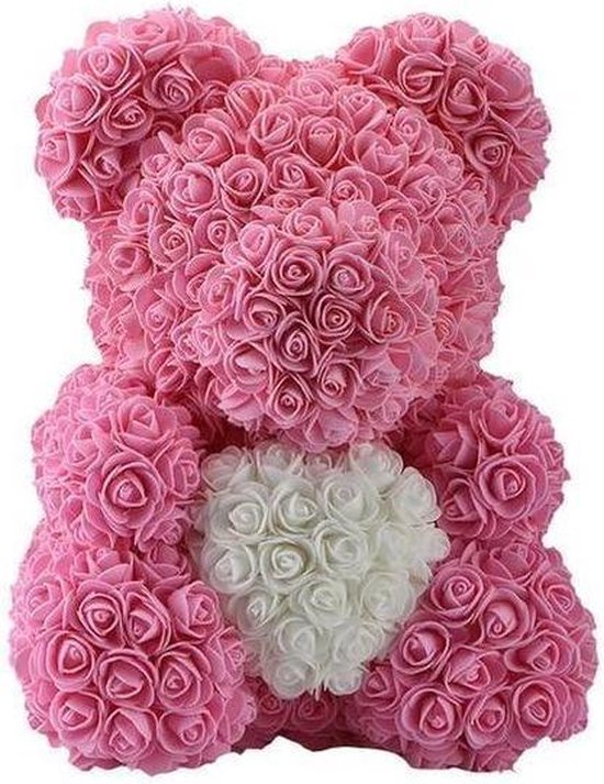 Rozen Beer 37 Cm Rood met wit hart in Luxe Gift box