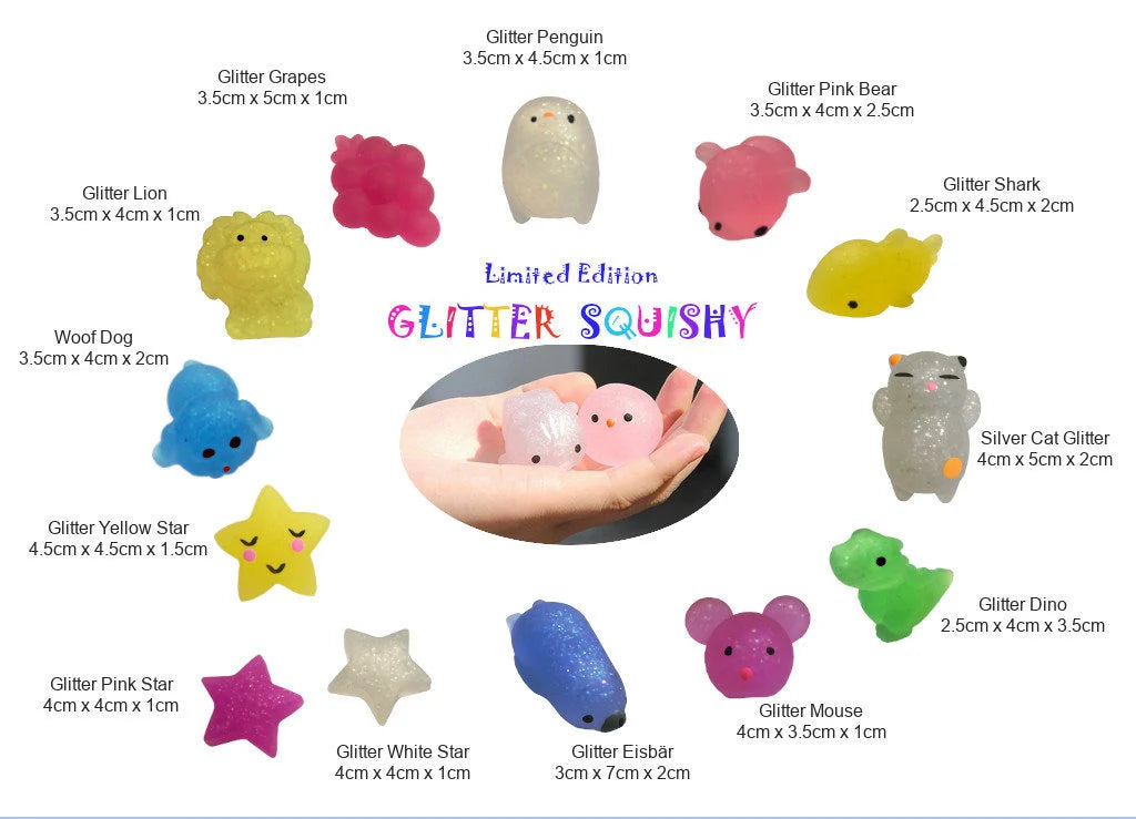 Mochi mochies squishie 12 stuks glitter en normaal