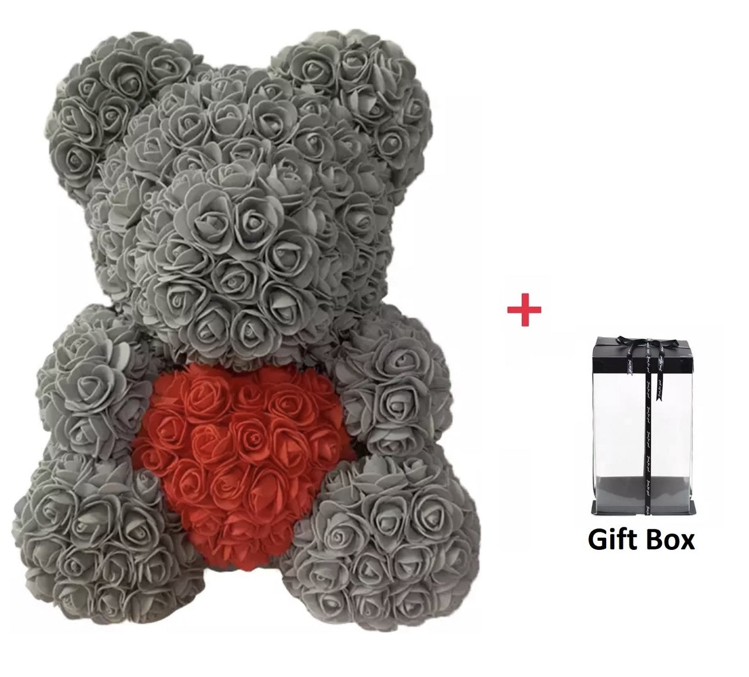 Rozen Beer 37 Cm Grijs met rood hart in Luxe Gift box