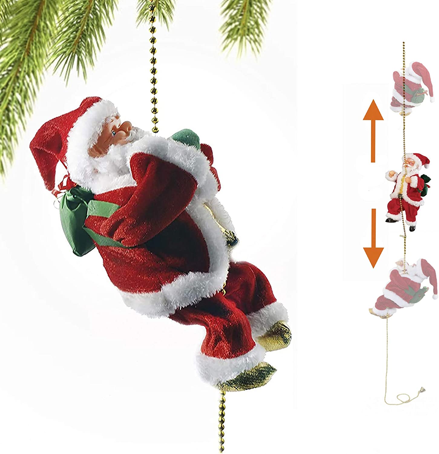 Kerstman zingend en klimmend hangend via Ketting