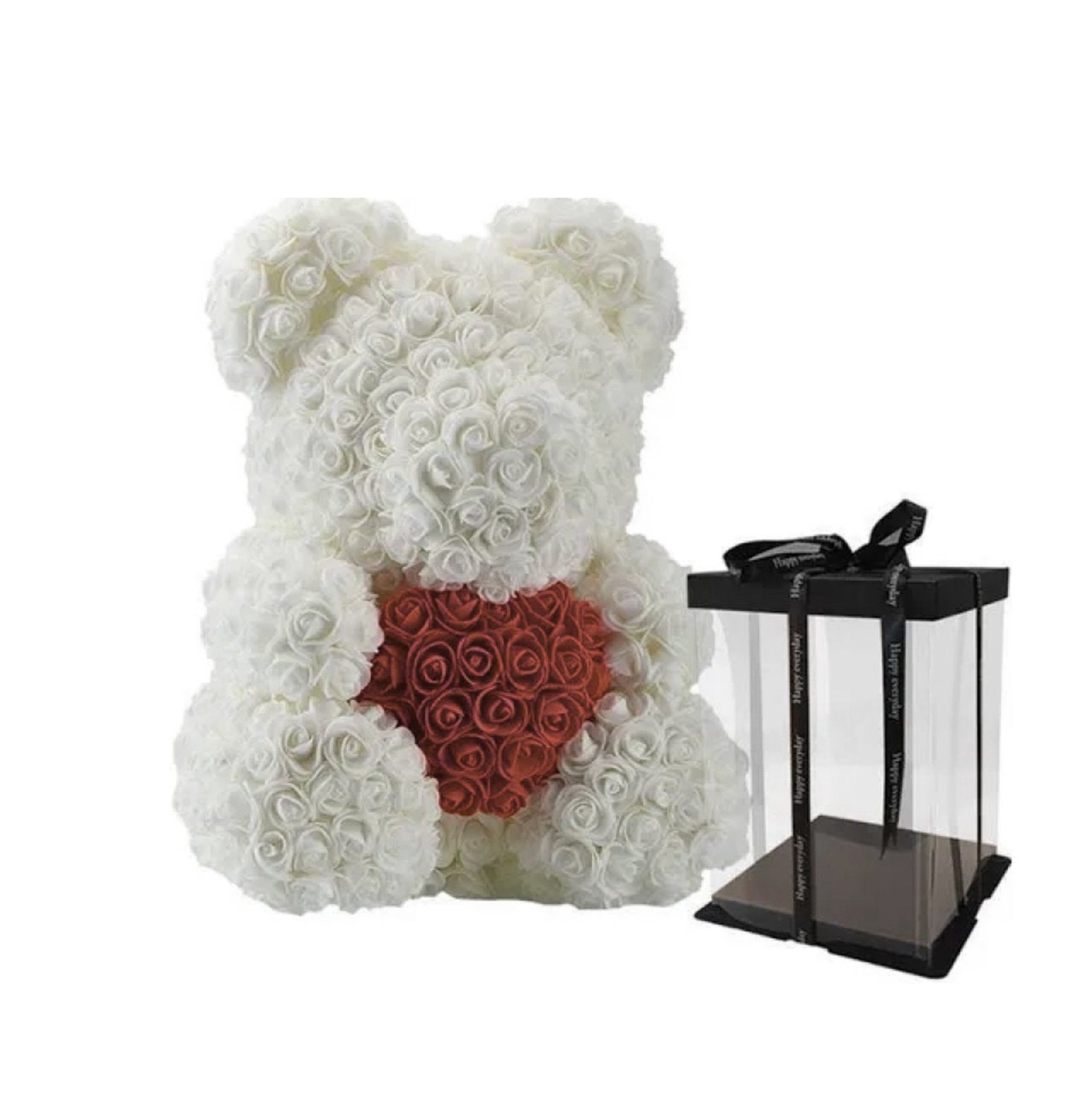 Rozen Beer 37 Cm Wit met rood hart in Luxe Gift box